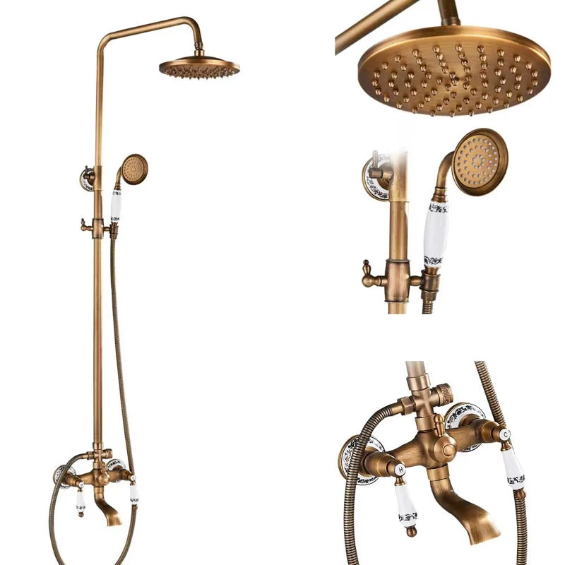 Antique Brass Shower Faucet Set – Wall-Mounted Rainfall Head with Dual Handles Hot & Cold Mixer Tap