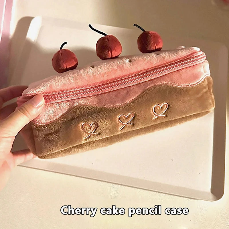 Cute Plush Cherry Cake Pencil Pouch – Large Capacity Soft Stationery Storage Bag