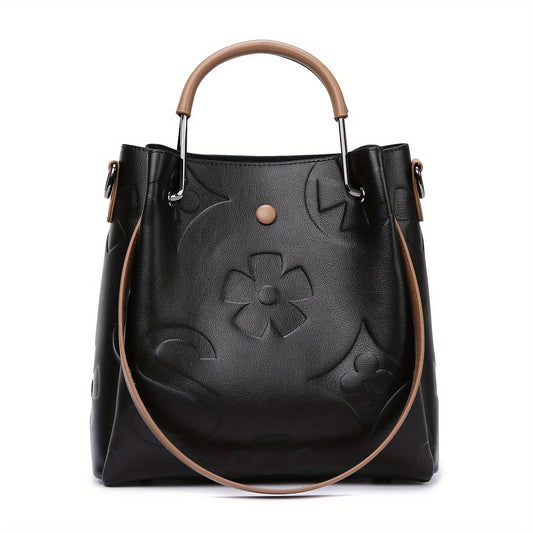 Trendy Women’s 2-Way Printed Letter Bucket Bag – Premium Embossed PU Leather Handbag, Shoulder & Crossbody