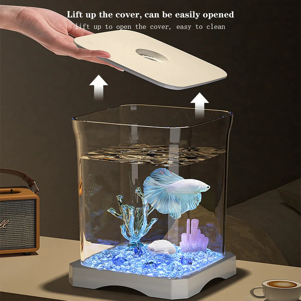 Aquarium Starter Kit – Mini Desktop Betta Fish Tank with Top Feeding Hole & Built-In Bottom Light, Rectangular Tabletop Design