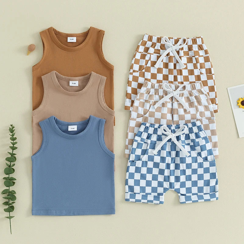 Baby Boy Summer Outfit – 2 Pcs Sleeveless Tank Top & Checkered Shorts Set for Toddler Casual Wear