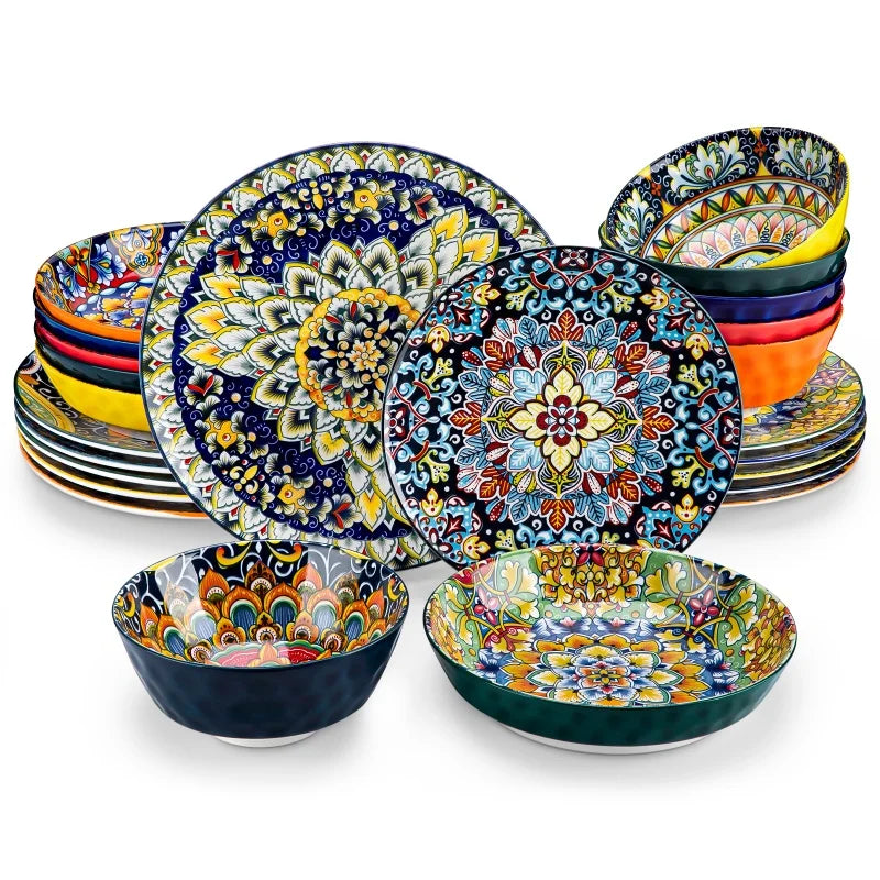 Bohemia Retro Ceramic Dinnerware Set – MALACASA, Vibrant Design (12 / 16 / 24-Piece)