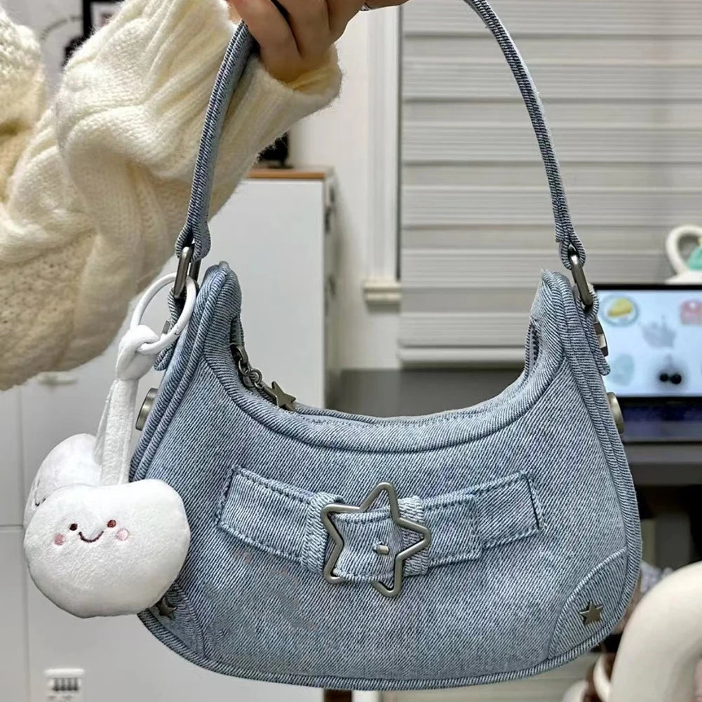 Women’s Vintage Y2K Top-Handle Handbag – Solid Color Purse with Zipper & Star Decor, Cute Tote Gift for Girls