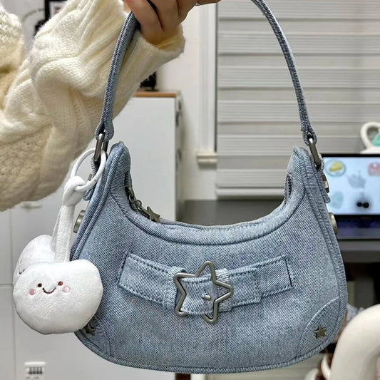 Women’s Vintage Y2K Top-Handle Handbag – Solid Color Purse with Zipper & Star Decor, Cute Tote Gift for Girls