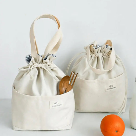 Japanese-Style Bento Lunch Bag – Large Capacity Drawstring Pouch with Insulated Aluminum Foil Liner