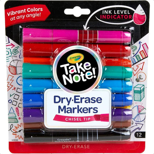 Crayola Take Note Dry Erase Markers – 12 Count Low-Odor Chisel Tip Whiteboard Markers for Classroom & Office ✍️
