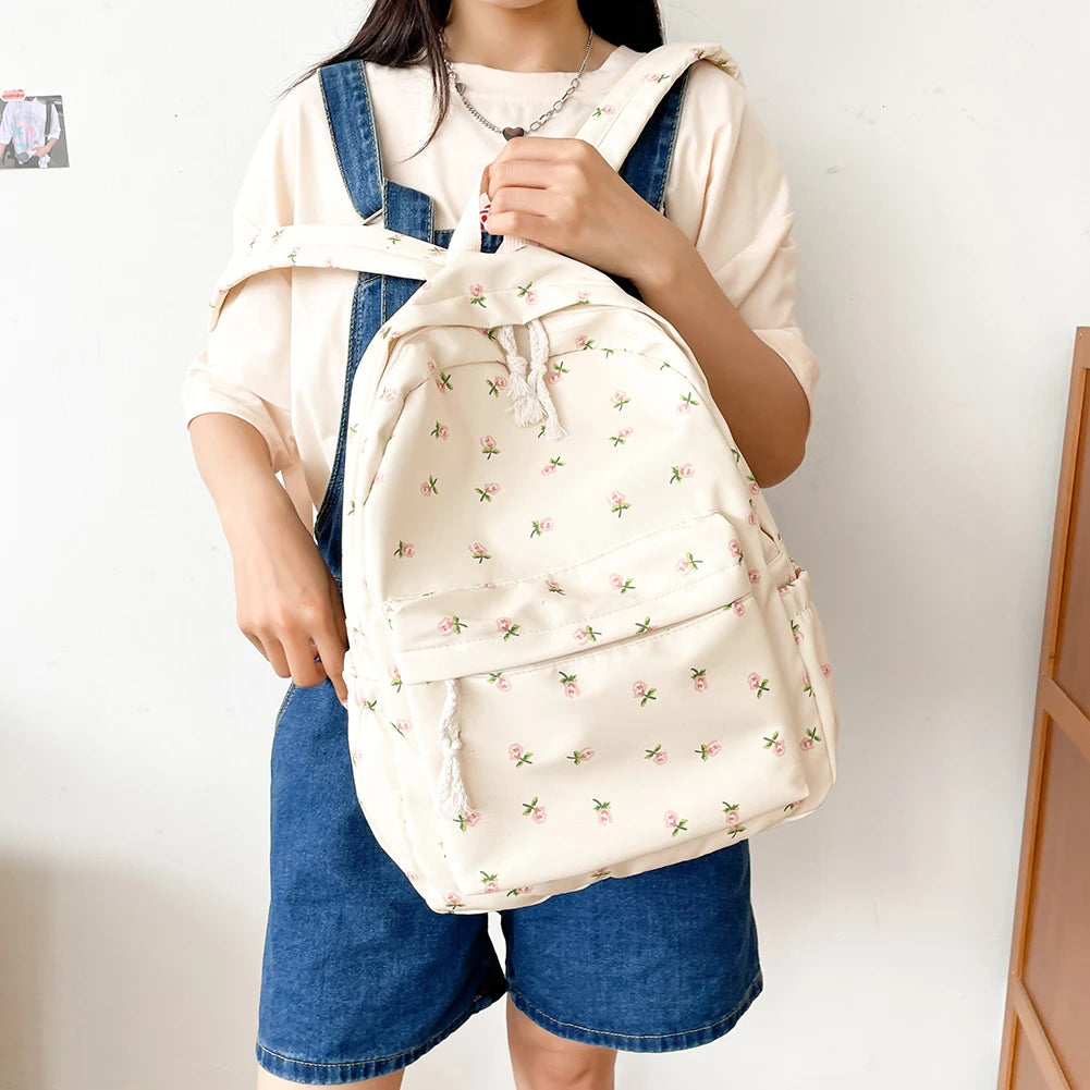 Floral Print Backpack with Pendant for Women & Girls – Large Capacity Student School & Travel Bookbag