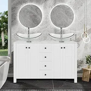 48" White Bathroom Vanity – Marble-Texture Top, 4 Drawers & Double Glass Vessel Sinks (Modern Standing Cabinet)