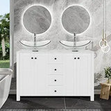 48" White Bathroom Vanity – Marble-Texture Top, 4 Drawers & Double Glass Vessel Sinks (Modern Standing Cabinet)