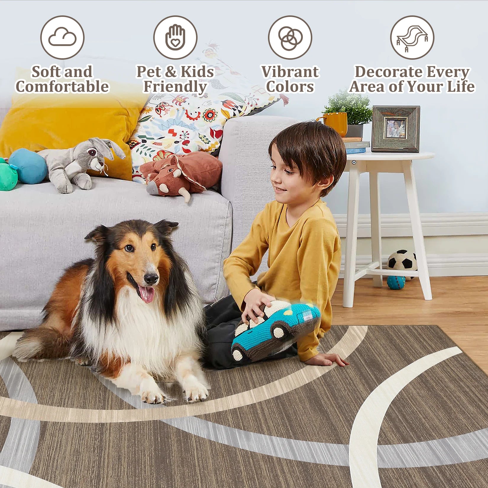Modern Velvet Loop Area Rug – 100% Polyester 330 g/m² Carpet with TPR Non-Slip Backing (Washed Finish)