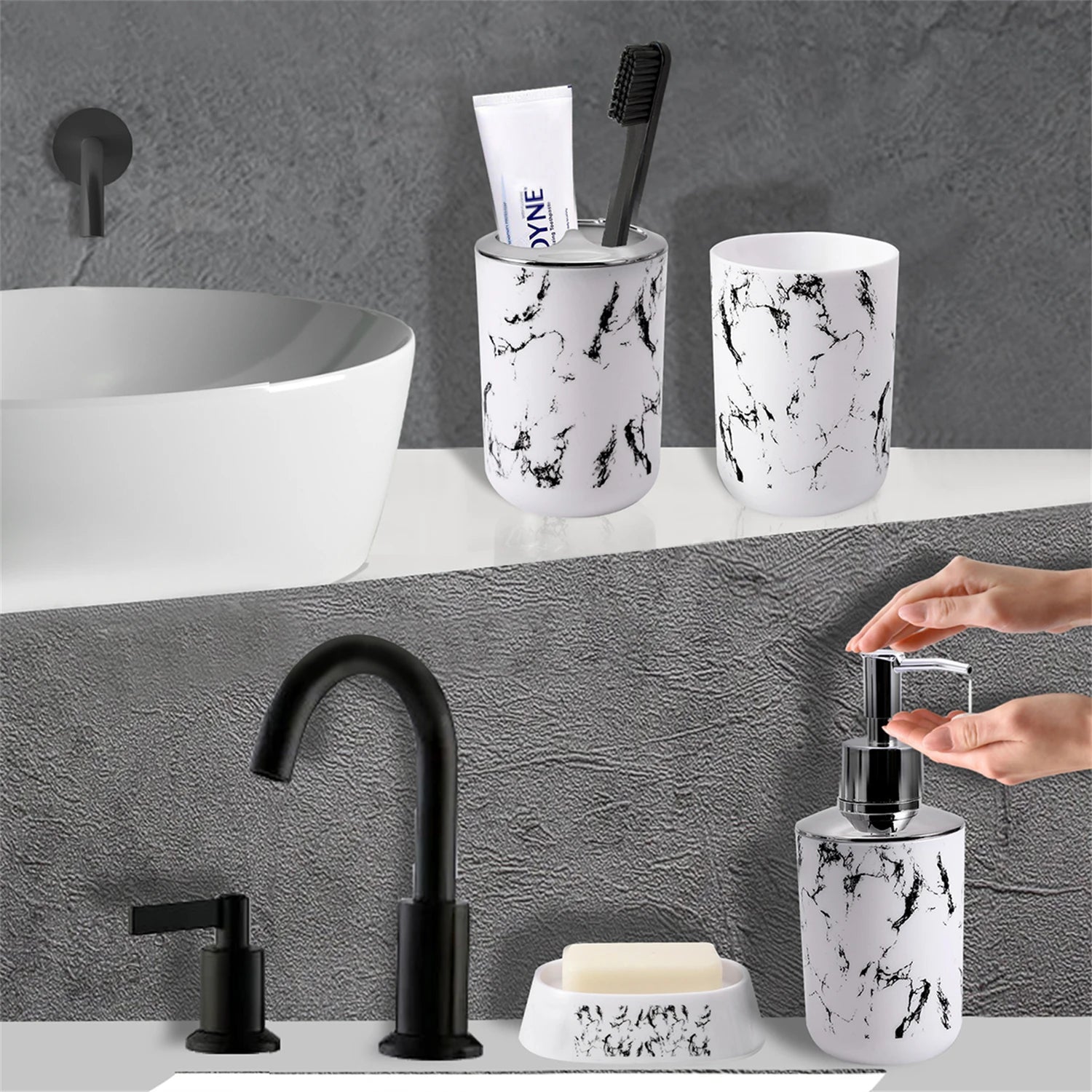 5-Piece Marble Bathroom Accessory Set (Black & White) – Lotion Dispenser, Toothbrush & Mouthwash Cups, Soap Dish & Box