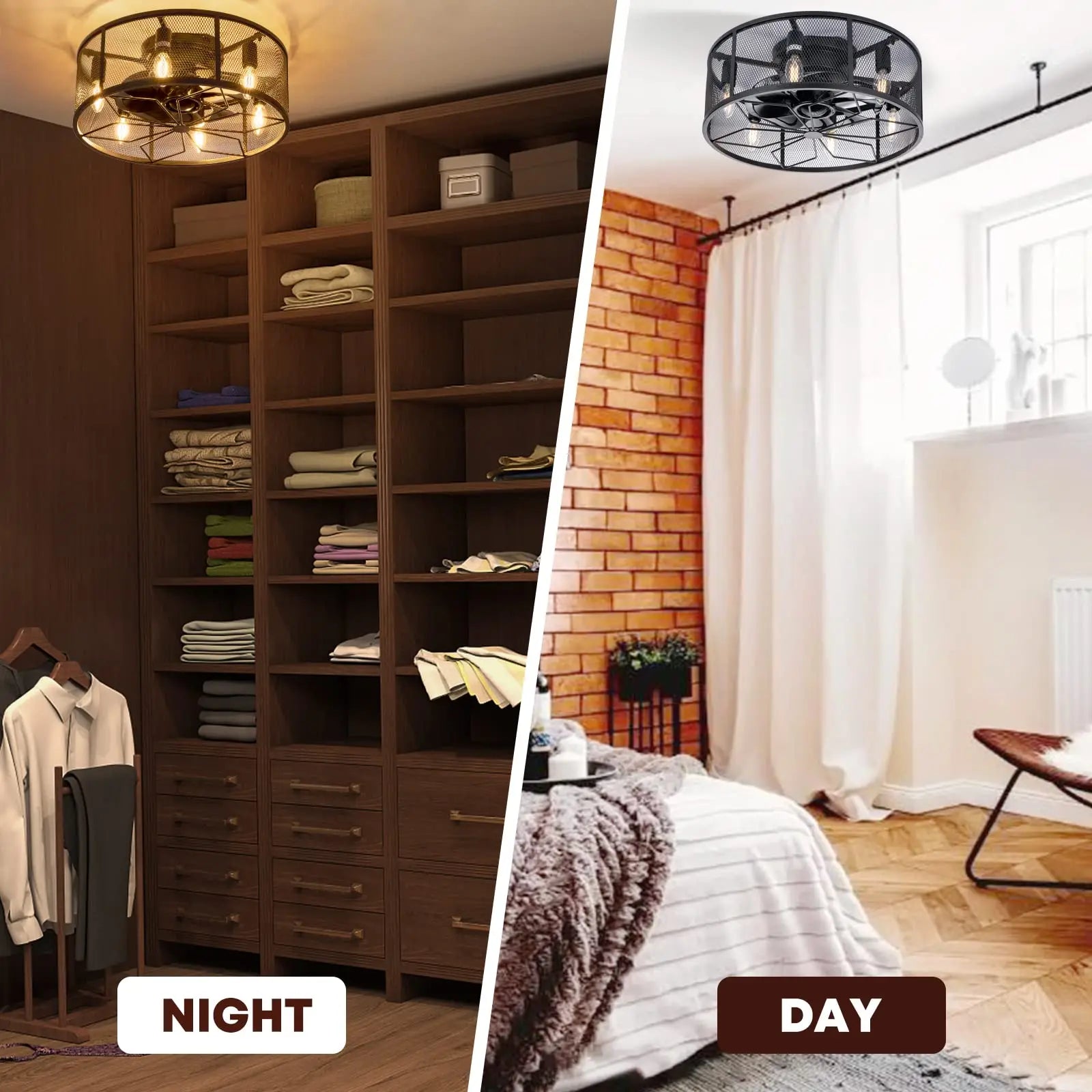 18" Caged Low-Profile Ceiling Fan with Light – Black Flush Mount Fandelier & Remote, Rustic Farmhouse Style 💡🌀