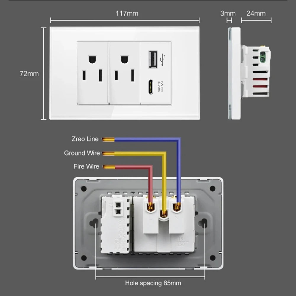 Melery US Power Wall Socket – Double USB + Type-C Ports with Light Switch, Tempered Glass Panel Electrical Plug for Home & Office