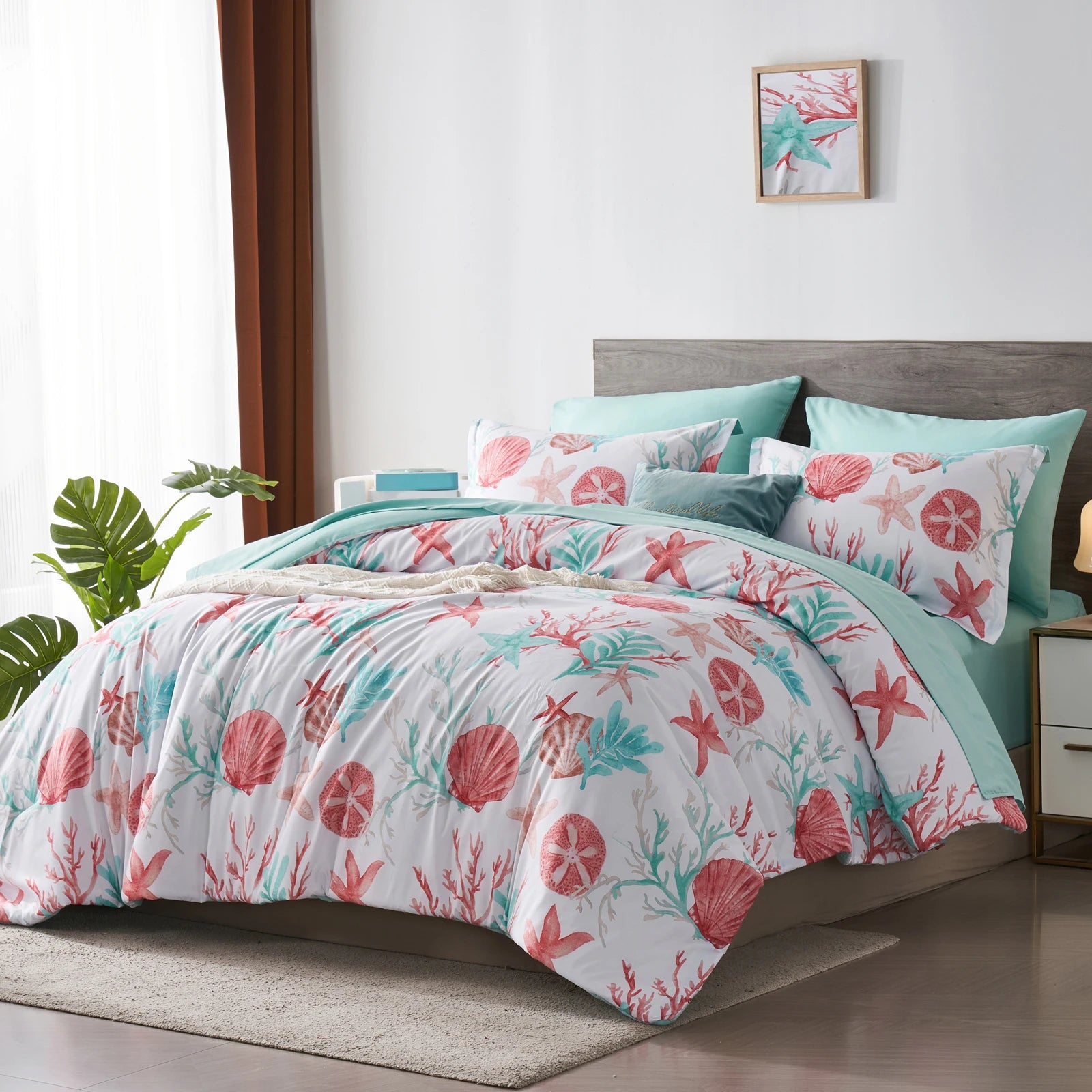 7-Piece Starfish & Coral Print Bedding Comforter Set – All-Season Boho Sea-Life Design