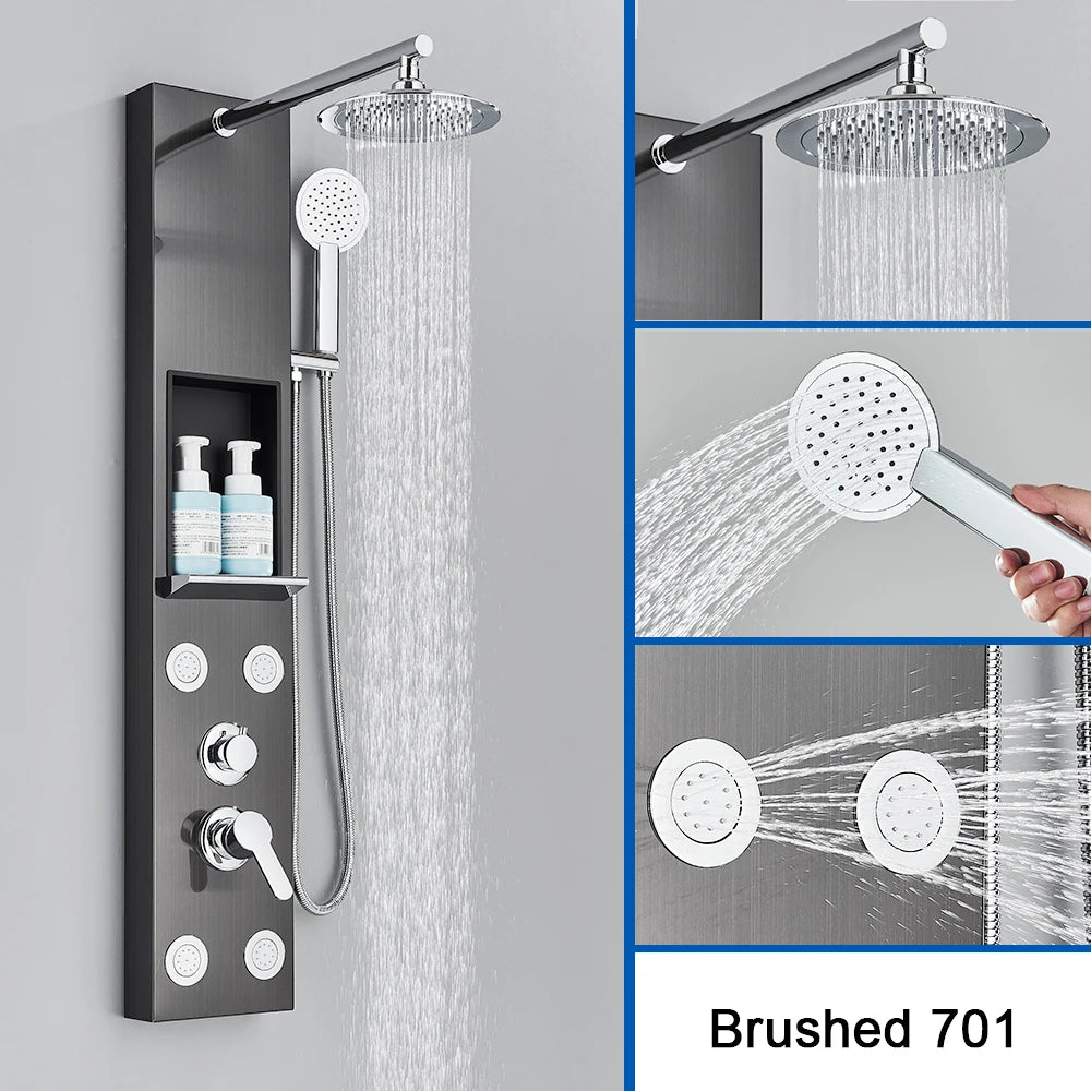 Brushed Nickel Shower Panel Column with Rainwaterfall Head & Massage Jets – Thermostatic Mixer Tap
