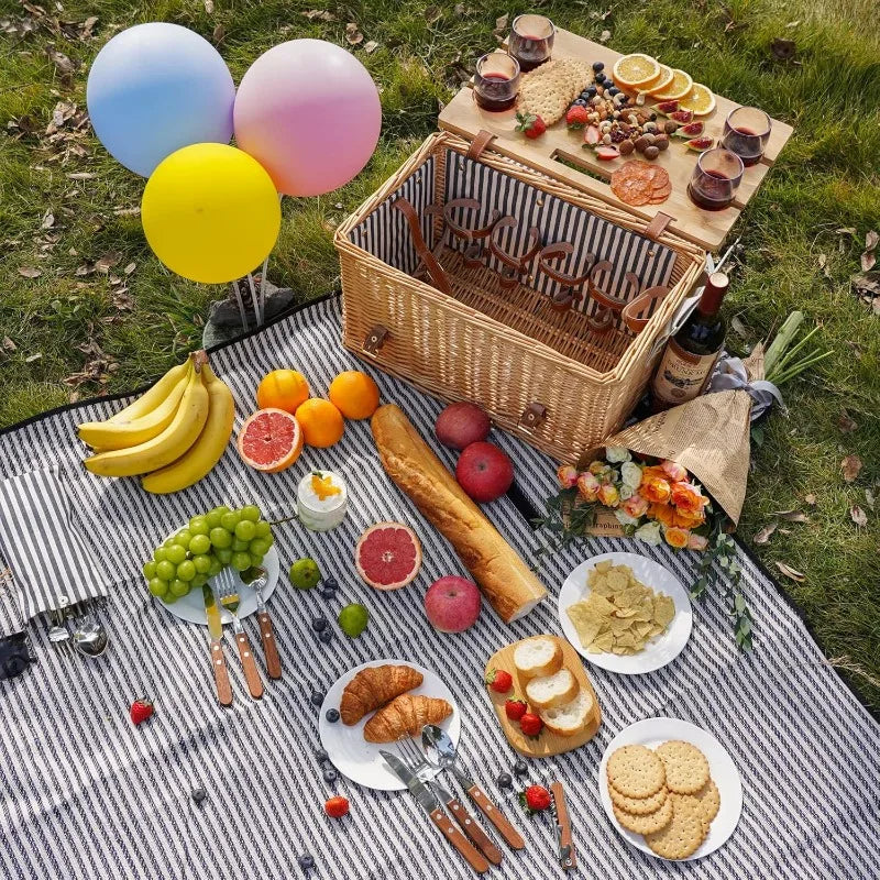 Picnic Basket for 4 – Deluxe Willow Hamper Gift Set with Blanket, Portable Bamboo Wine Table & Complete Picnic Kit