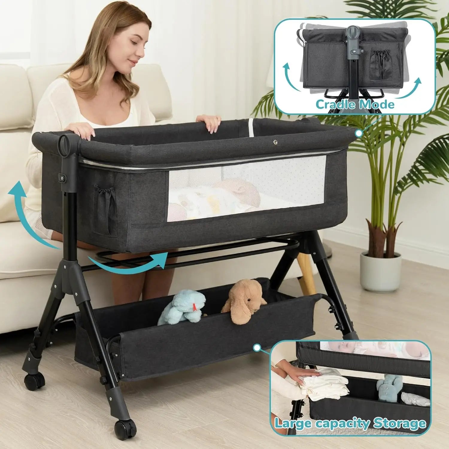 Chicco Next2Me Essential Bedside Crib – 3-in-1 Baby Bassinet, Bedside Sleeper & Crib with Wheels, Storage Basket & Adjustable Height