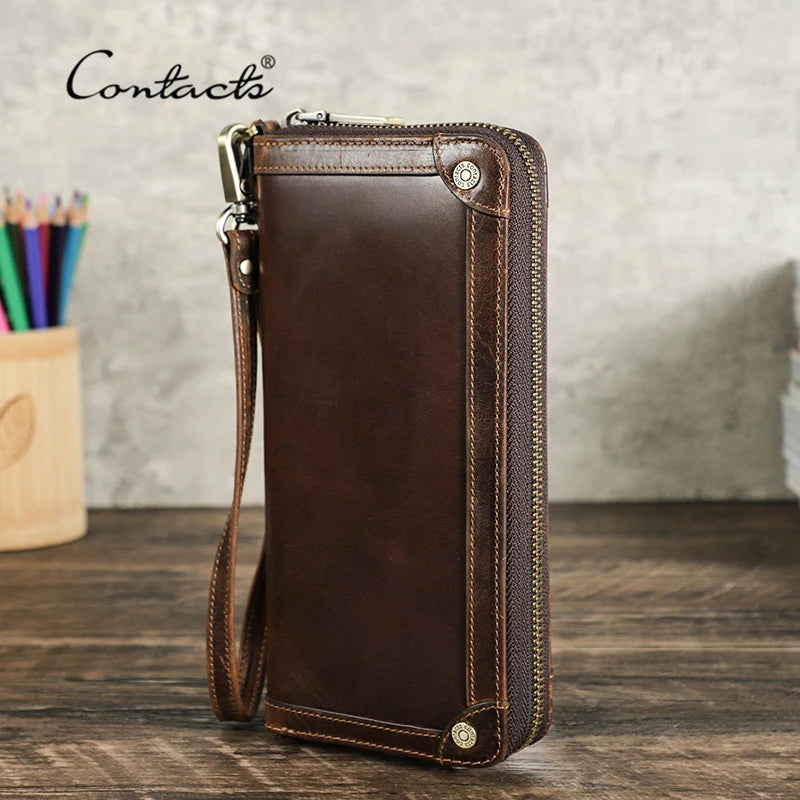 CONTACT’S Genuine Leather Long Wallet for Men – Large Capacity Business Clutch with Zipper, Coin & Cellphone Pockets, and Card Holder