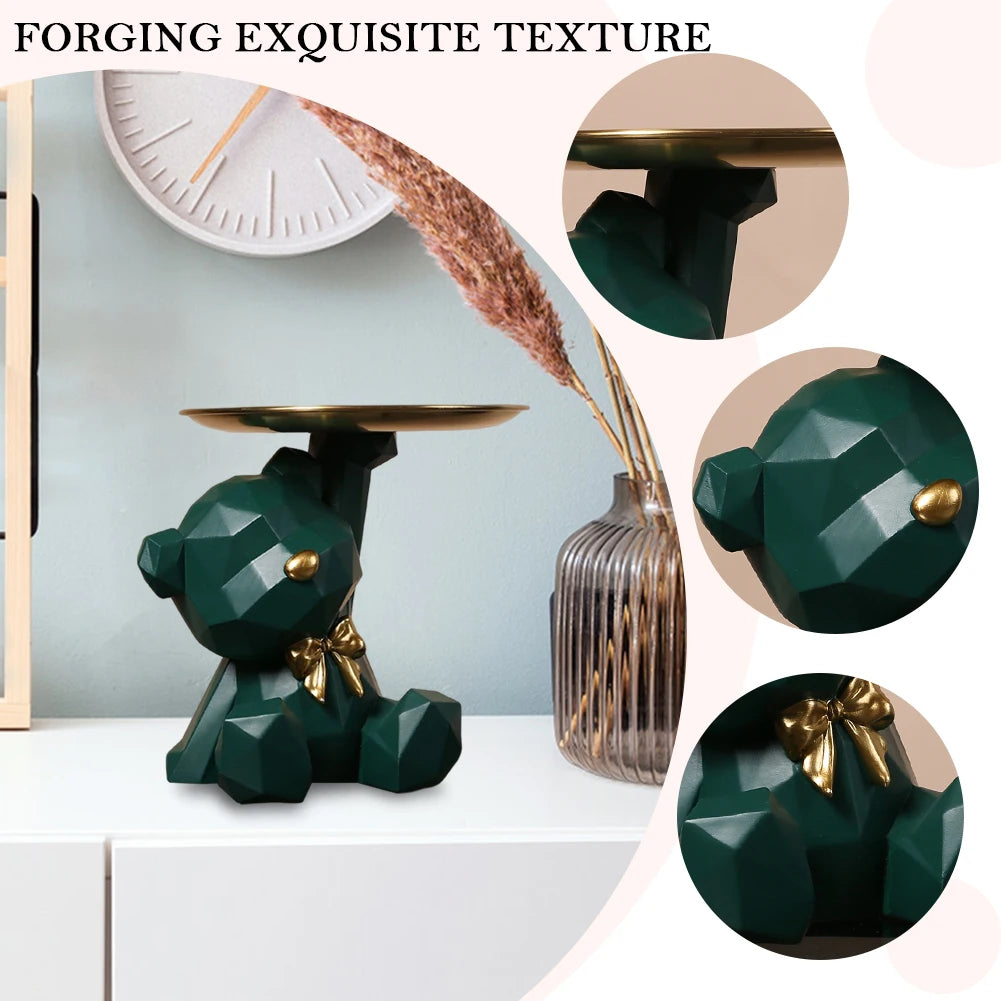 Geometric Bear Resin Sculpture with Tray – Modern Storage Figurine & Key Holder for Home, Entryway & Office Décor