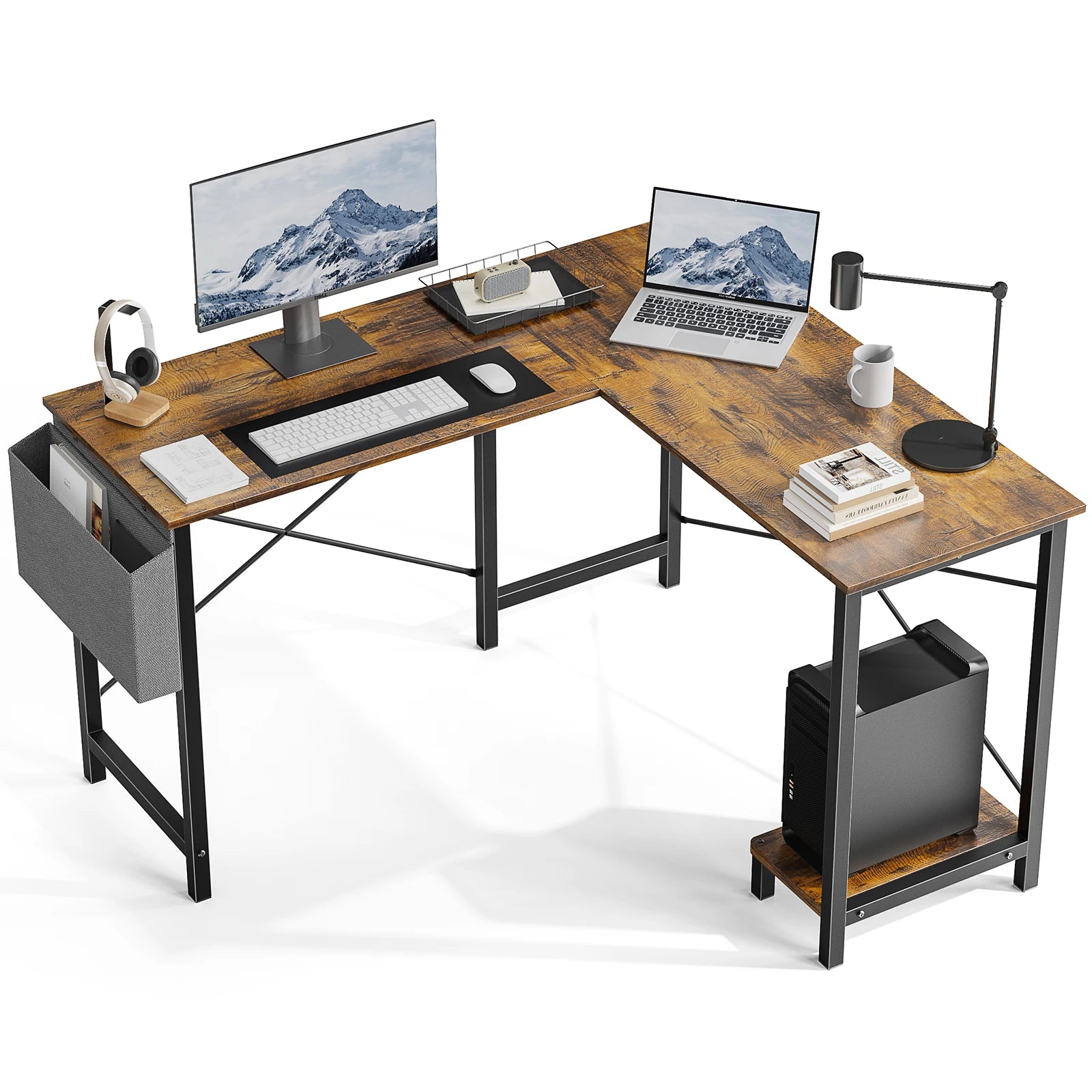 JHK 50-Inch Gaming Corner Desk – Wooden PC Table with CPU Storage Shelf & Side Bag for Home Office & Small Spaces