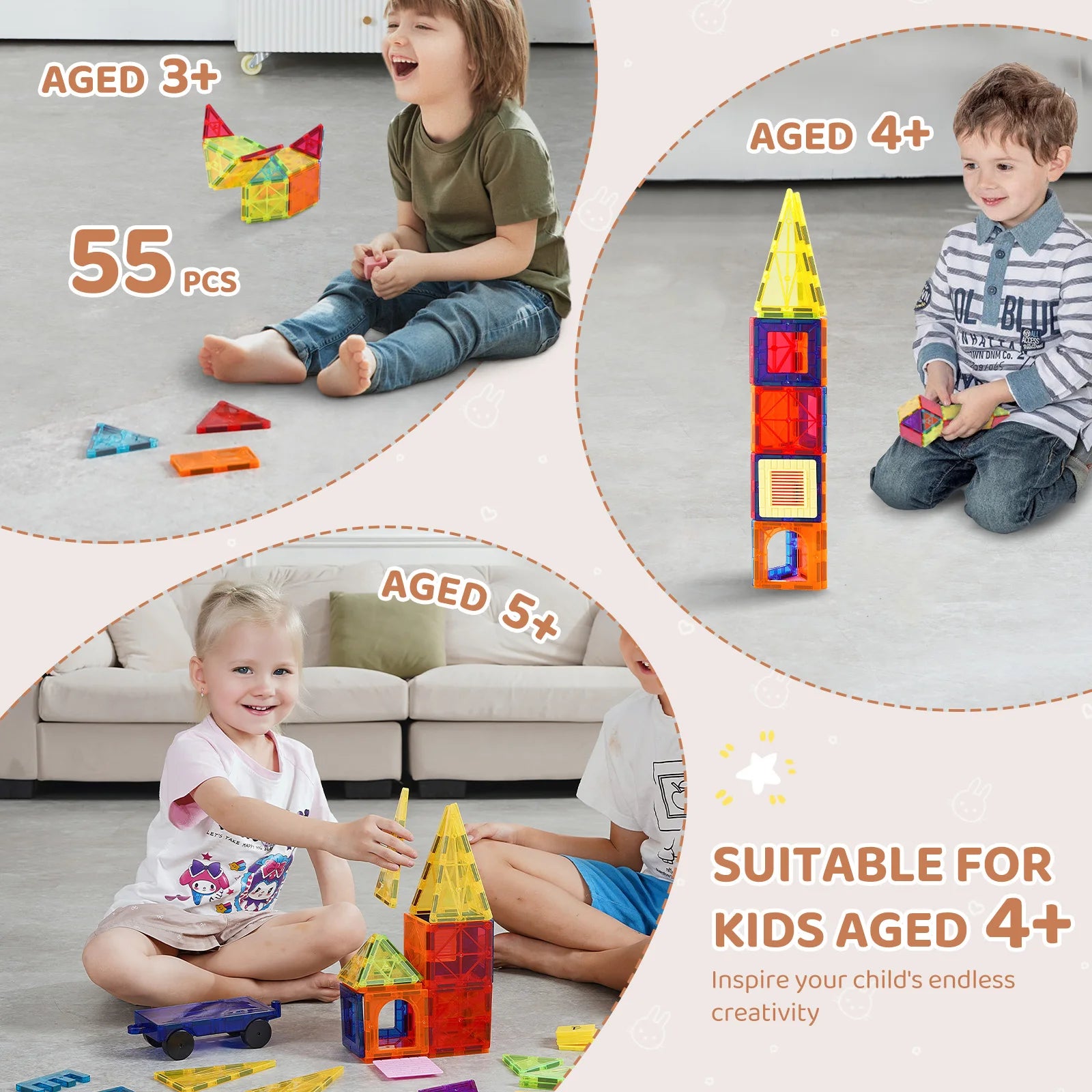 Succebuy 55Pcs Magnetic Building Blocks – Montessori Construction Set with Magnet Tiles, Educational STEM Toy for Kids’ Gifts