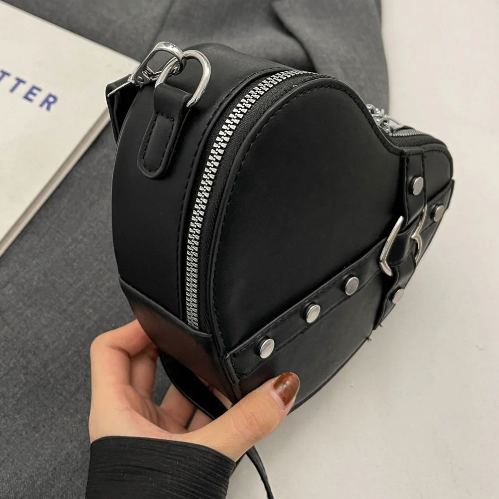 Heart Rivet PU Leather Satchel Bag – Small Heart Rivet Design, Adjustable Strap, Solid Colour Women’s Dating Bag