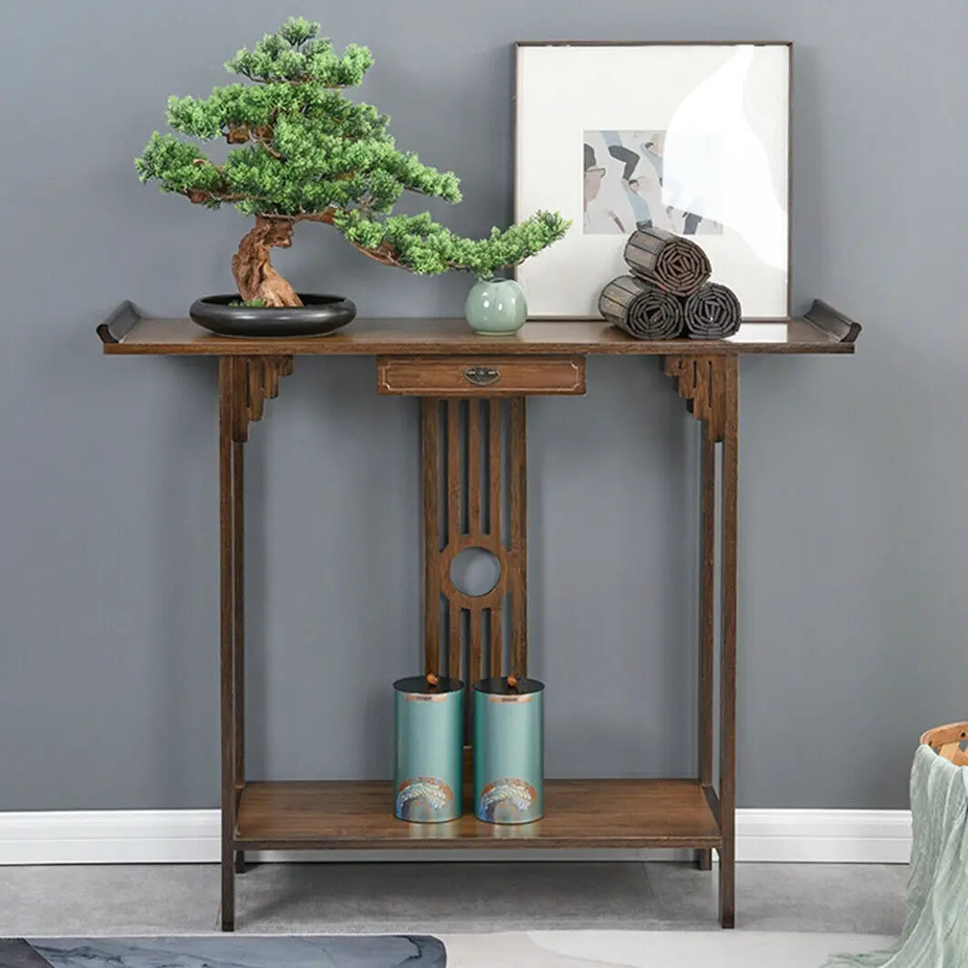 Chinese Style Hall Console Table – Solid Wood Entryway Accent Table with Drawer & Storage Shelf 🪵🏠
