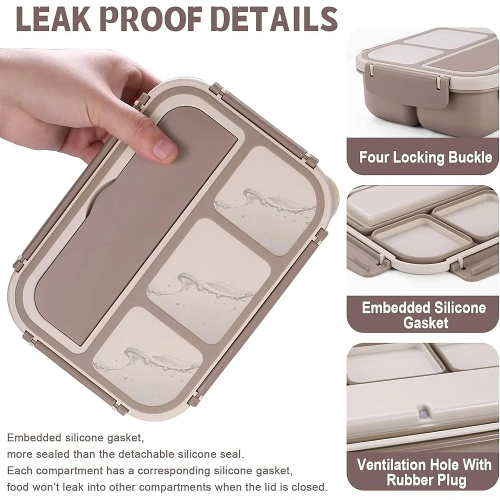 4-Compartment Adult Bento Lunch Box – Silicone & Leak-Proof with Utensils & Mug Cups, Microwave-Safe Lunch Container