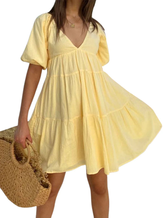 Elegant Maternity Dress – Solid Color A-Line Pregnancy Outfit with Puff Sleeves & V-Neck, Casual Summer Photoshoot Wear