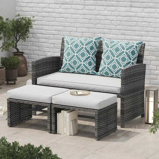 3-Piece Casual Patio Furniture Set – Gray Rattan Loveseat with Ottomans & White Cushions | Outdoor Wicker Conversation Set for Porch & Garden