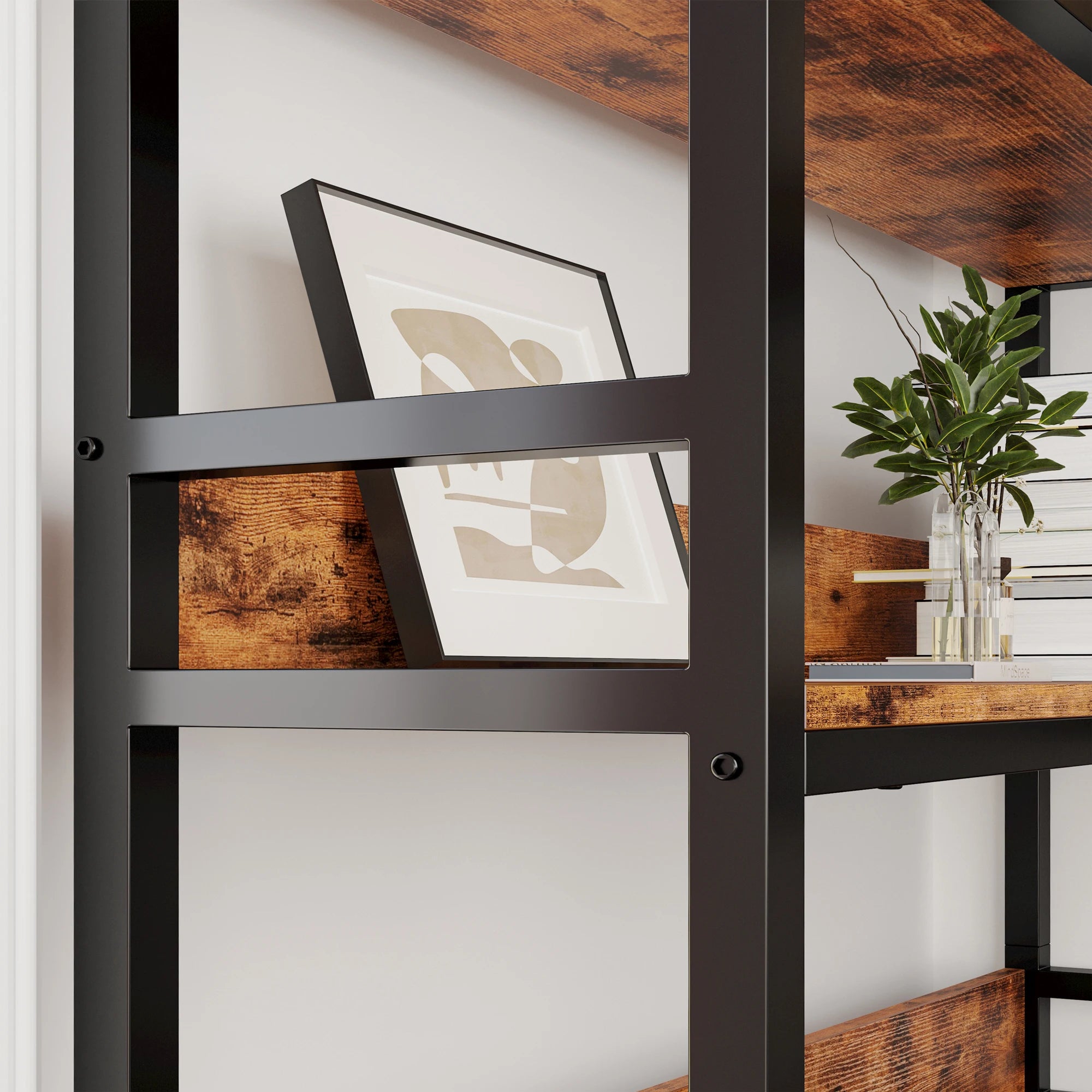 IRONCK Industrial 6-Tier Corner Bookshelf – Metal Frame Bookcases with Baffles & Storage Rack for Living Room