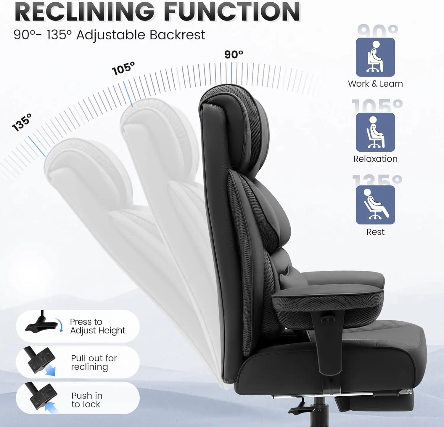 🪑 Big & Tall Reclining PU Leather Office Chair – Ergonomic High-Back with Lumbar Support & Footrest, Black