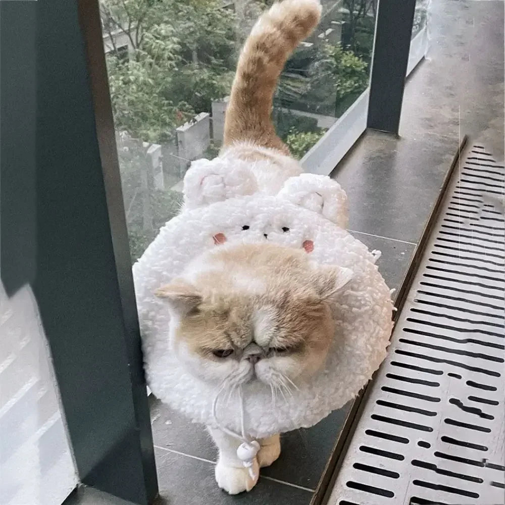 Cute Cartoon Cat Recovery Collar – Adjustable Plush Protective Cone, Anti-Bite & Comfortable Neck Guard for Pets