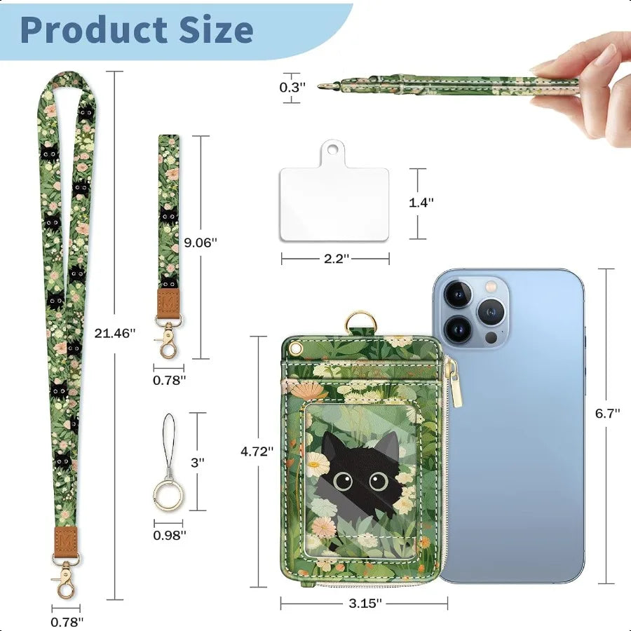Floral Cat Lanyard Wallet – RFID Small Keychain Wristlet with ID Badge Holder & Zippered Card Storage