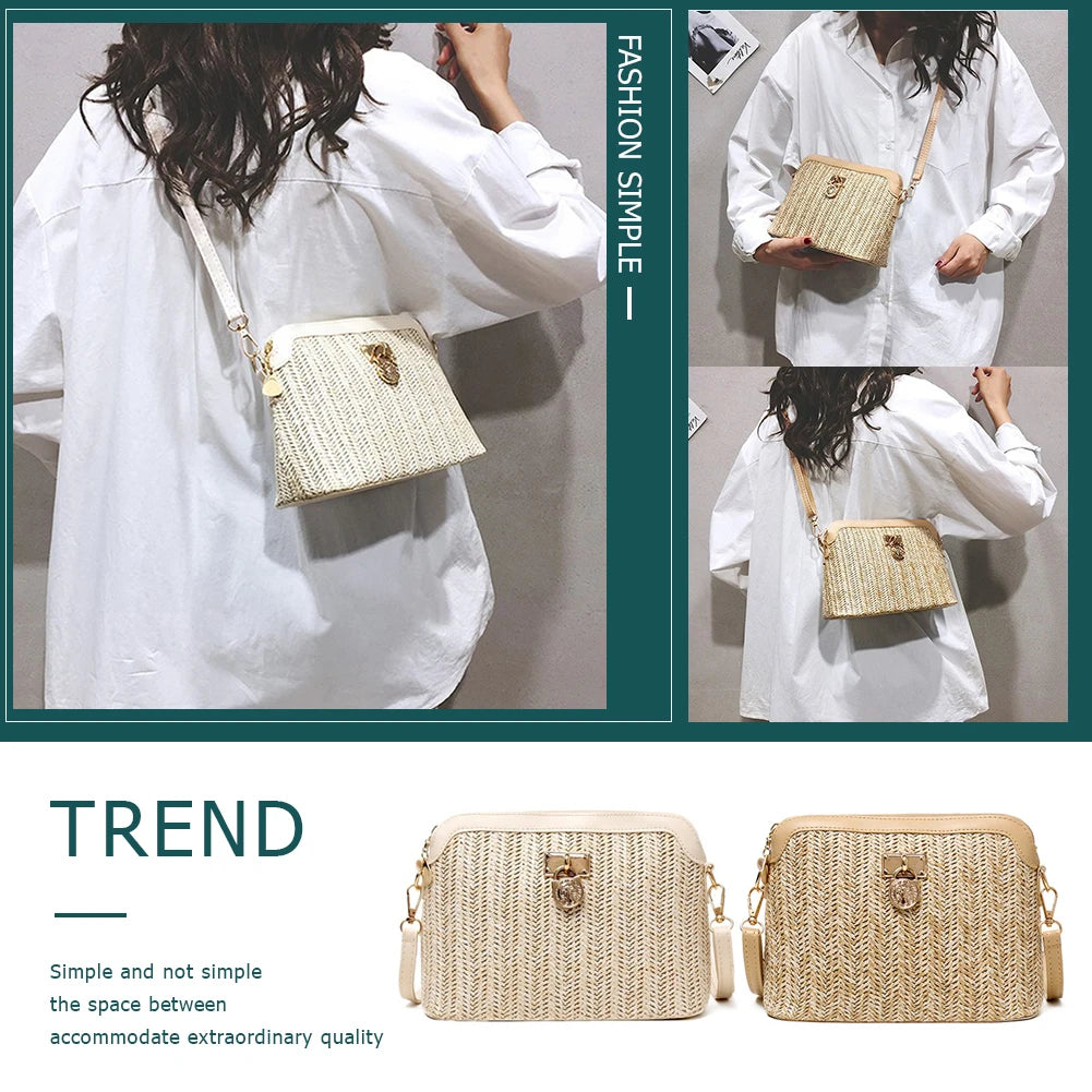 Summer Beach Straw Shell Shoulder Bag – Women’s Woven Messenger Purse for Travel, Vacation & Casual Outings