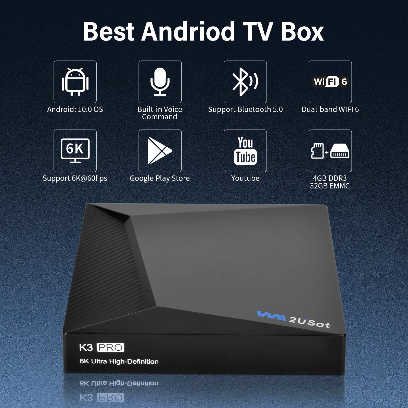 K3 Pro Android 10.0 TV Box – 6K HDR Media Player with Built-in WiFi Antenna, US Terrestrial Channel Support (Ships from US)