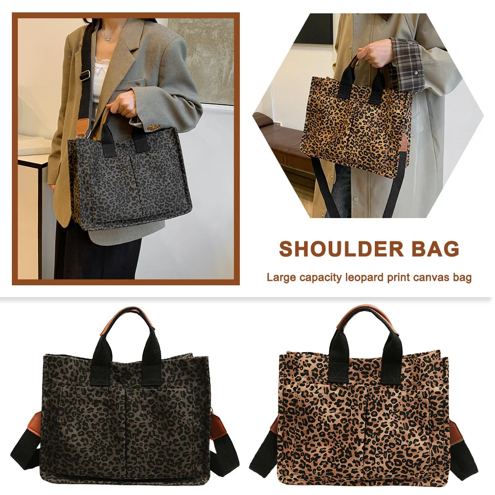 Leopard Print Canvas Tote Bag – Casual Briefcase with Pockets for Travel & Office