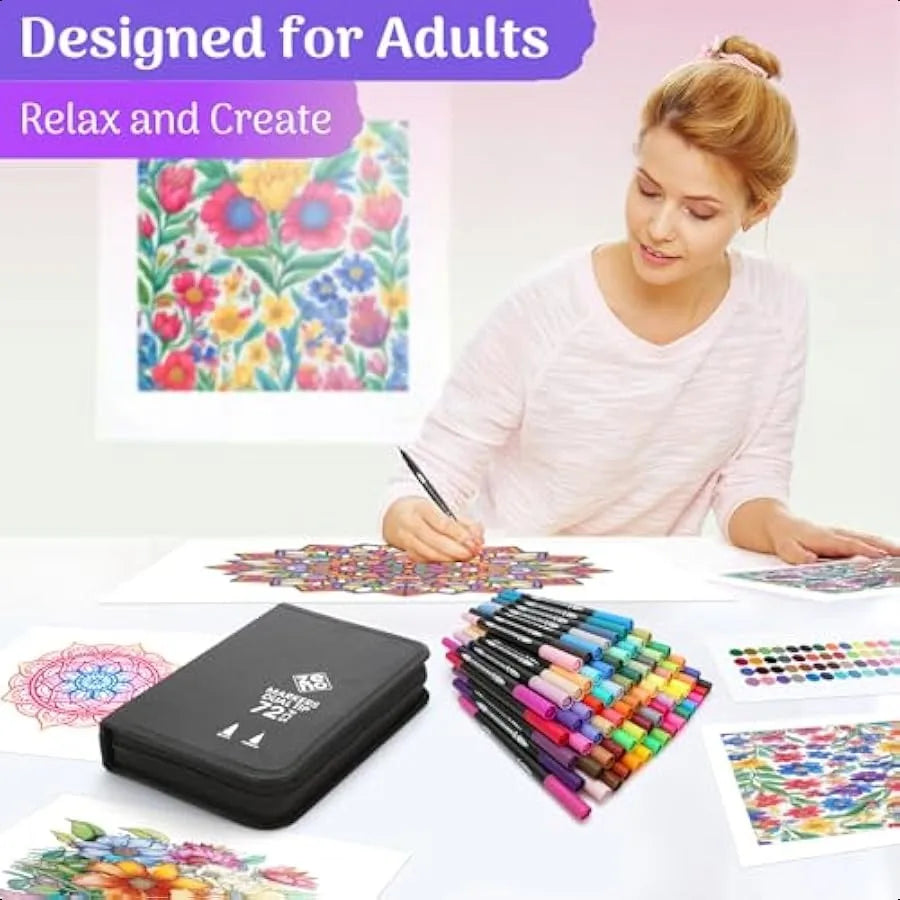 72 Dual Tip Markers Set with Carrying Case – No-Bleed Fine & Brush Tip Watercolor Art Pens for Adult Coloring & Drawing