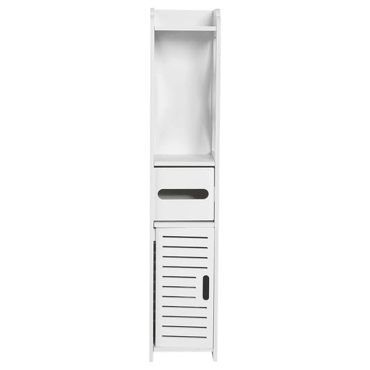 White Wood Bathroom Cabinet 80×15.5×15 cm – Slim Wall or Floor Cupboard with Shelf & Tissue Storage