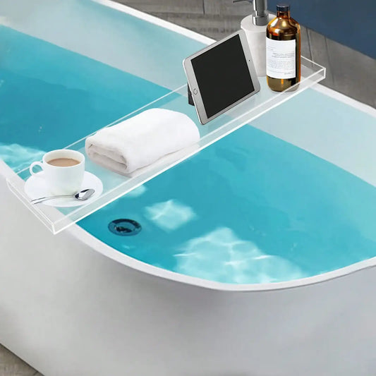 Expandable Bathtub Caddy Tray with Wine Glass & Book Holder – Luxury Acrylic/ Bamboo Bath Table Rack