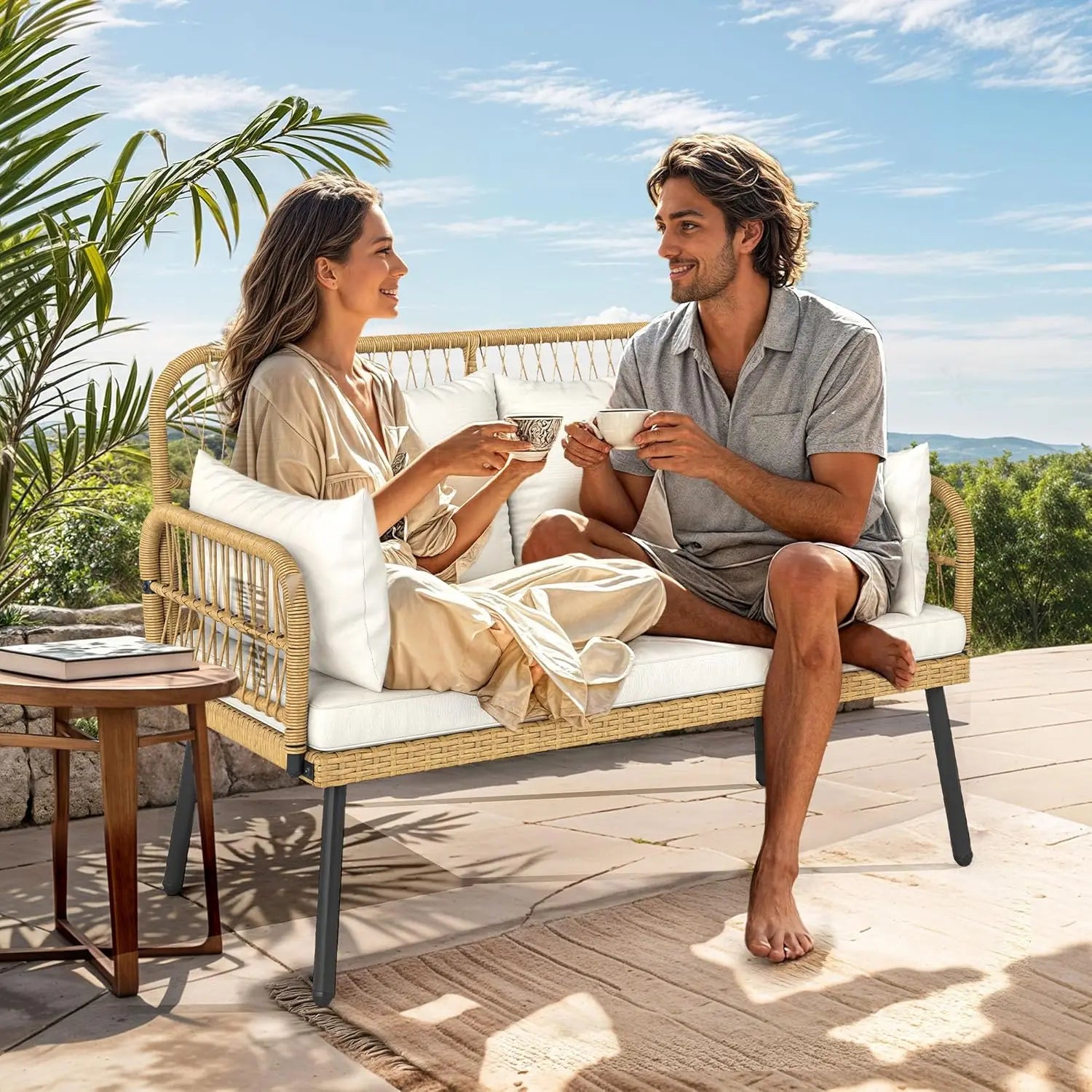 “Outdoor Loveseat Patio Wicker Furniture Set – Beige Cushioned 2-Seat Sofa with Adjustable Feet for Garden, Balcony & Porch”