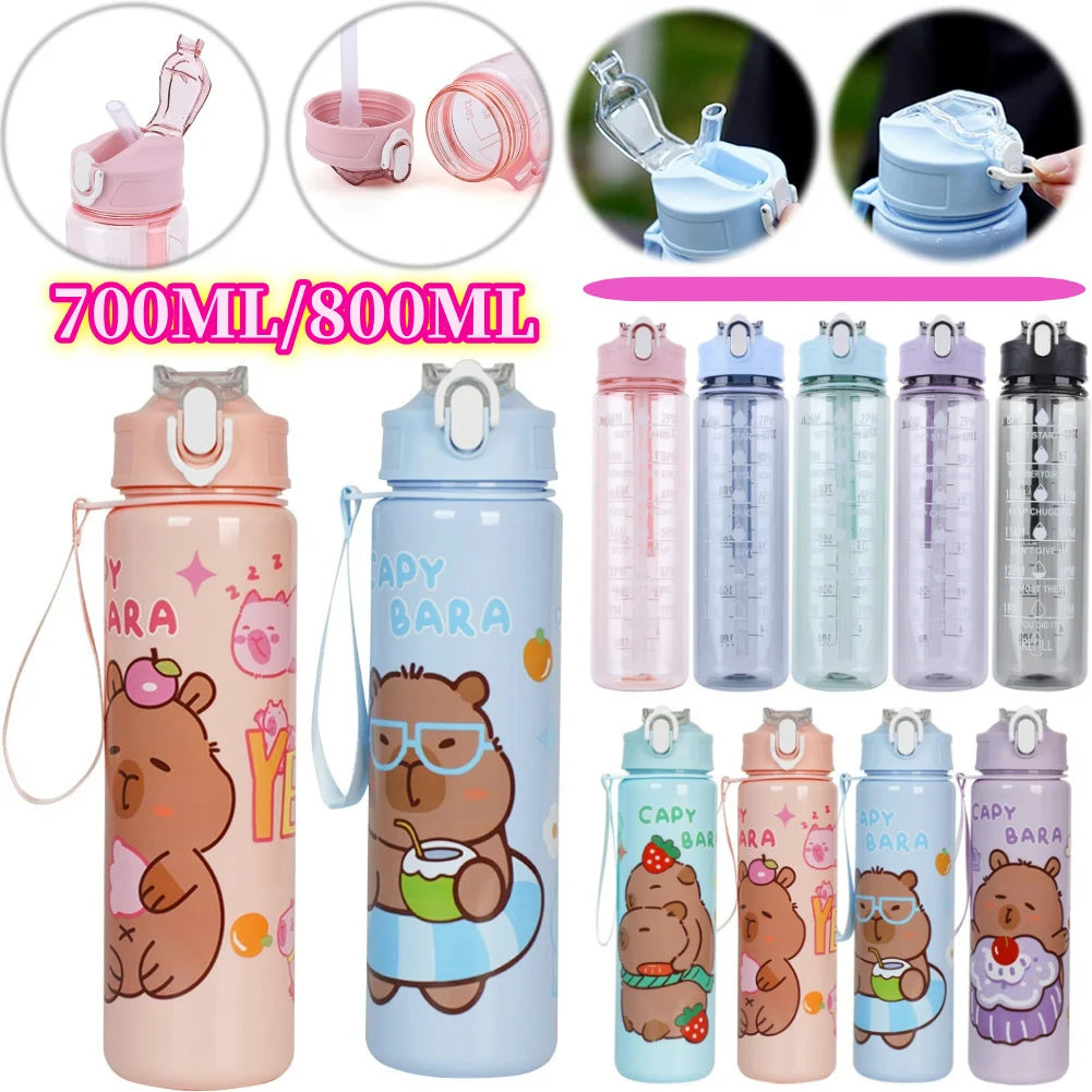 Capybara Cartoon Straw Water Bottle – Cute Portable Mug with Carrying Strap (700–800 ml)