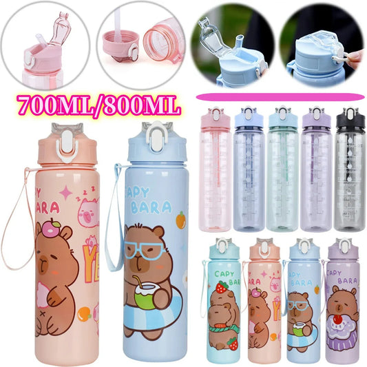 Capybara Cartoon Straw Water Bottle – Cute Portable Mug with Carrying Strap (700–800 ml)