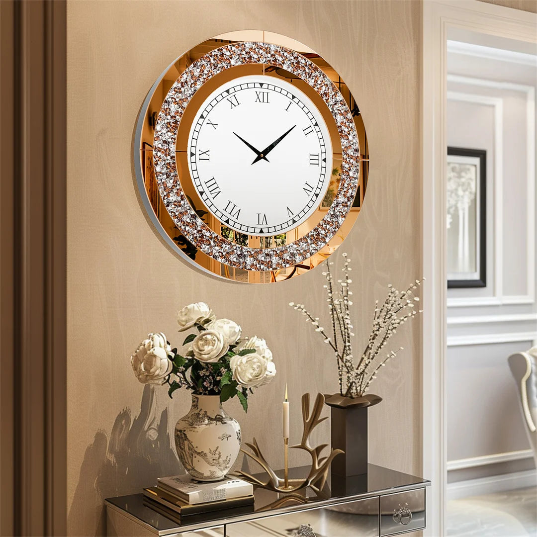 Luvodi Crystal Mirror Wall Clock – Sparkle Bling Diamond Round Wall Clock with Silver & Tawny Crushed Crystal Detailing