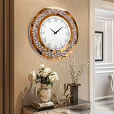 Luvodi Crystal Mirror Wall Clock – Sparkle Bling Diamond Round Wall Clock with Silver & Tawny Crushed Crystal Detailing