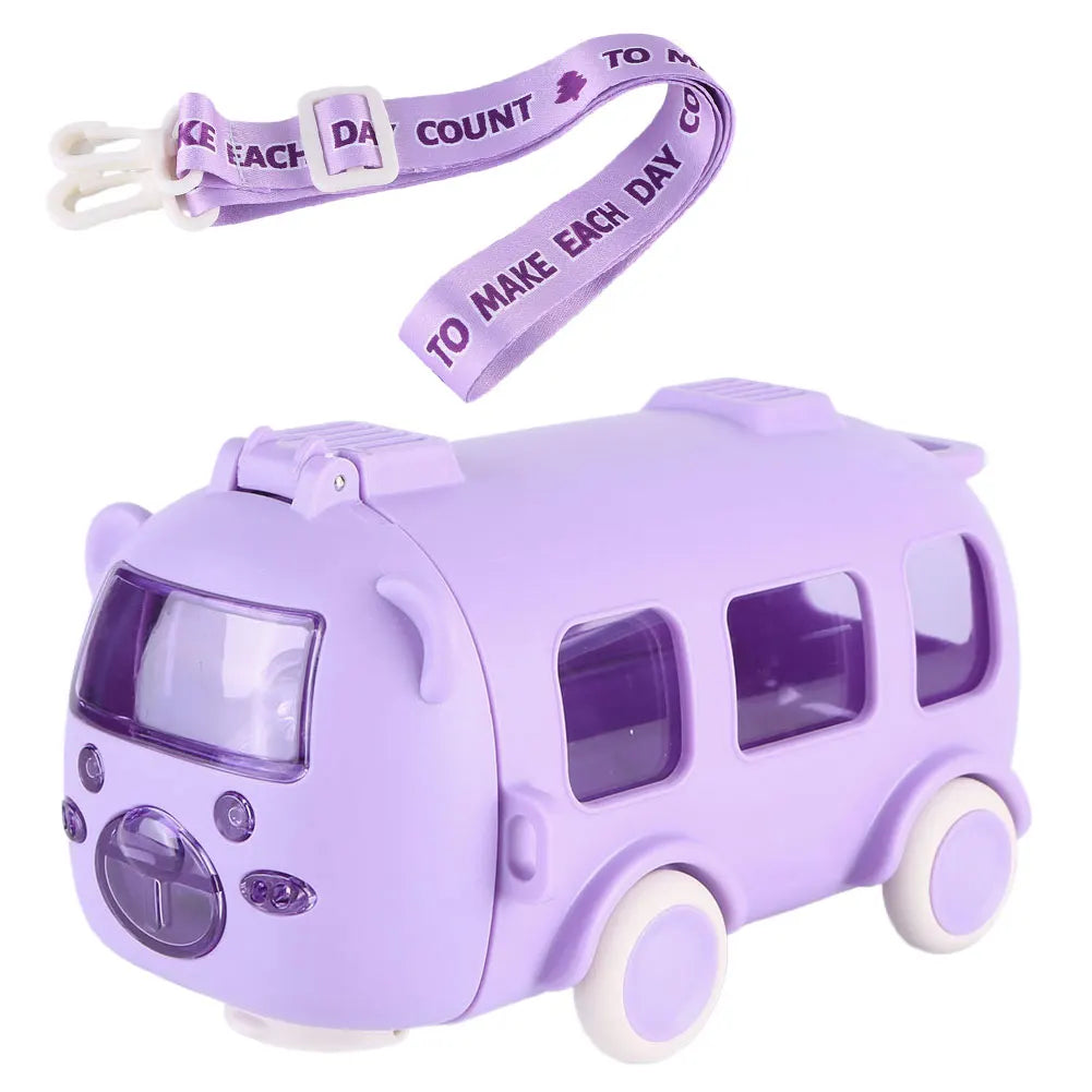 Bus-Shaped Cartoon Water Bottle – 500 ml Leakproof Kids Drinking Bottle with Movable Wheels & Strap