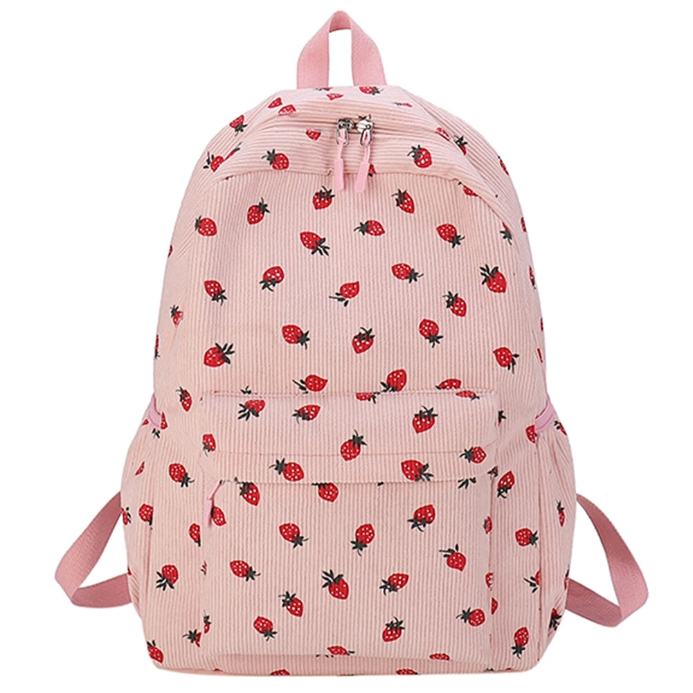 Corduroy Strawberry Backpack – Large-Capacity Student School Bag | Cute Teen Girls Daypack with Adjustable Straps