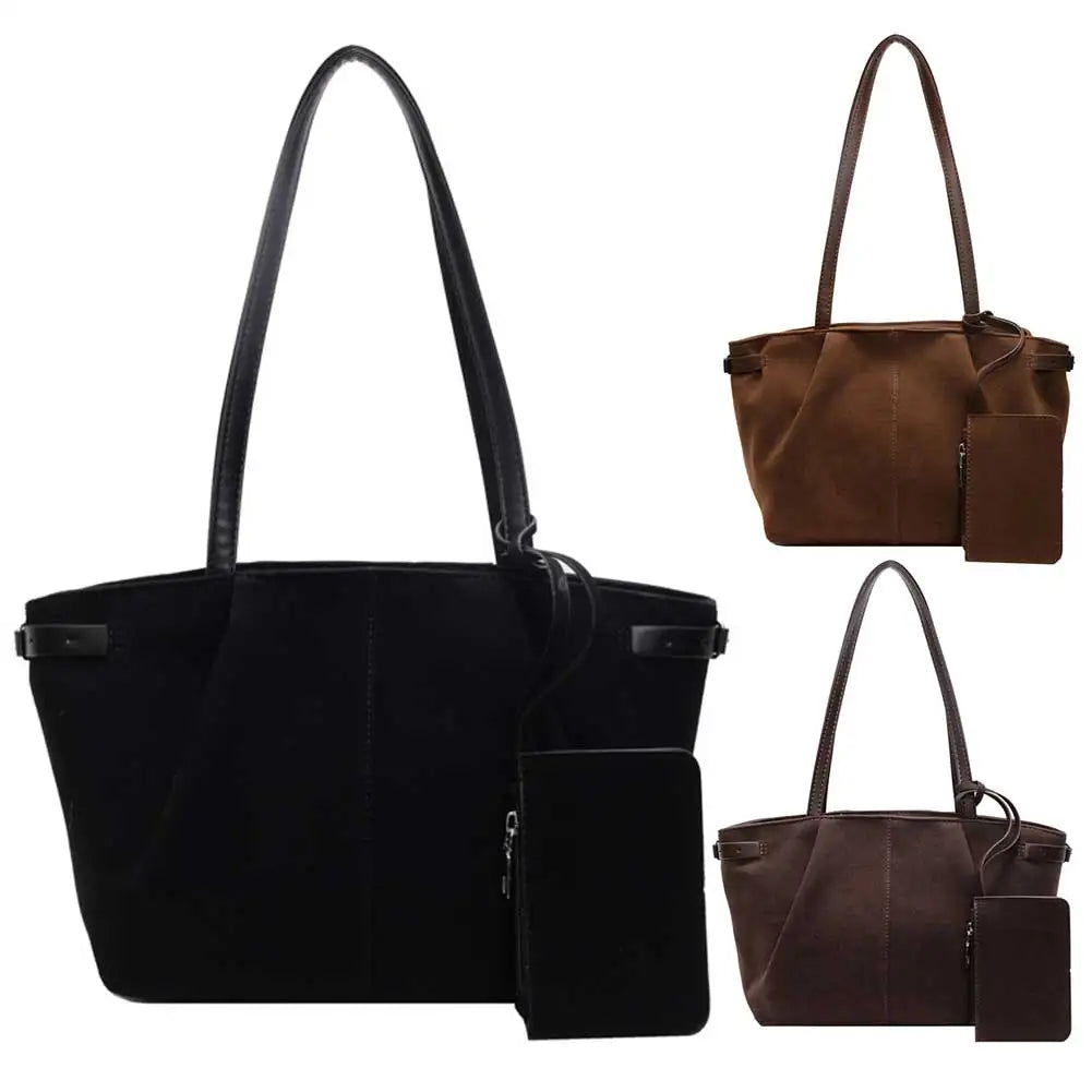 Solid-Colour Suede Tote & Shoulder Bag – Zip Closure Satchel for Work & Travel