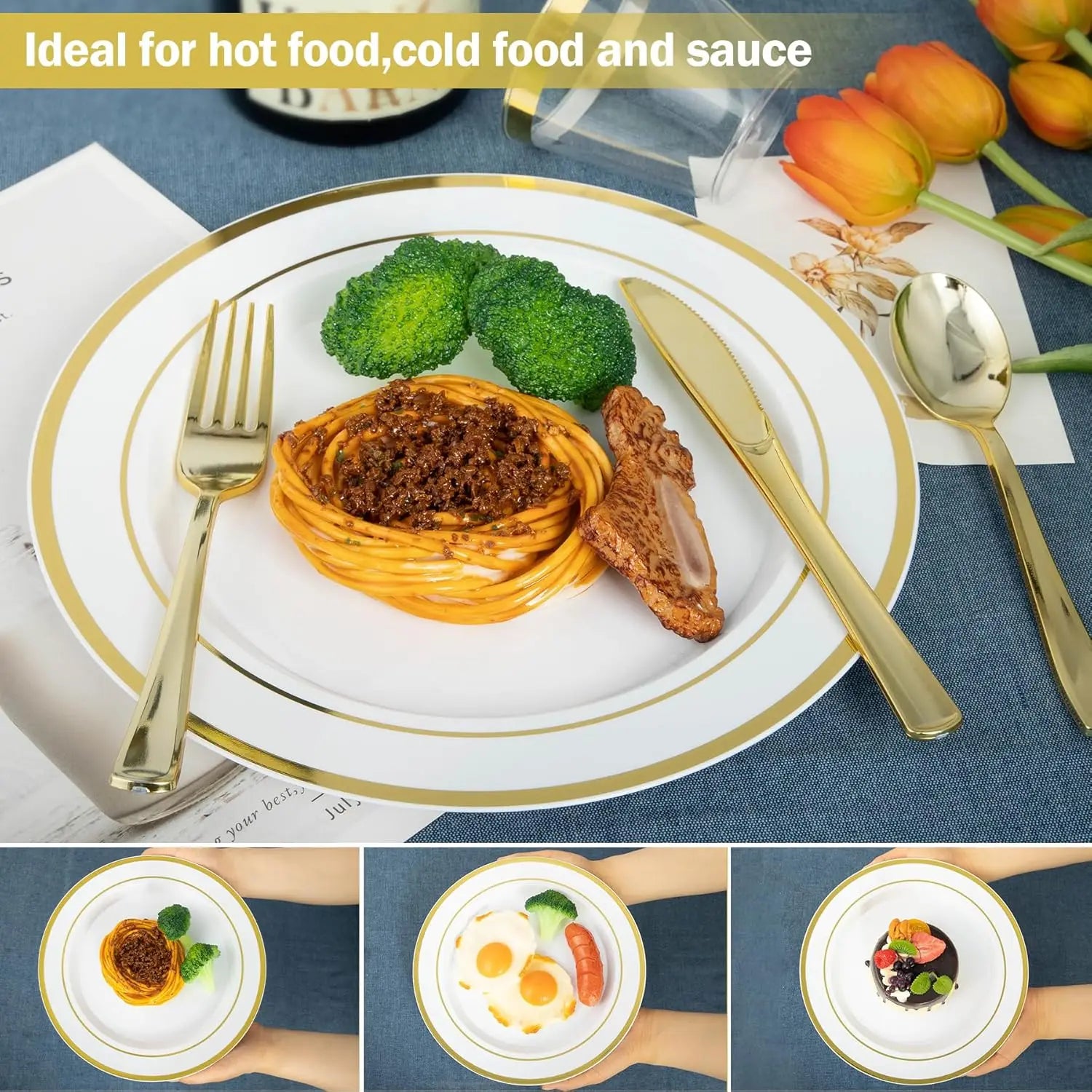600pcs Gold Disposable Plates Dinnerware Set – Heavy-Duty Plastic Dinner & Dessert Plates for 100 Guests | Elegant Party Tableware