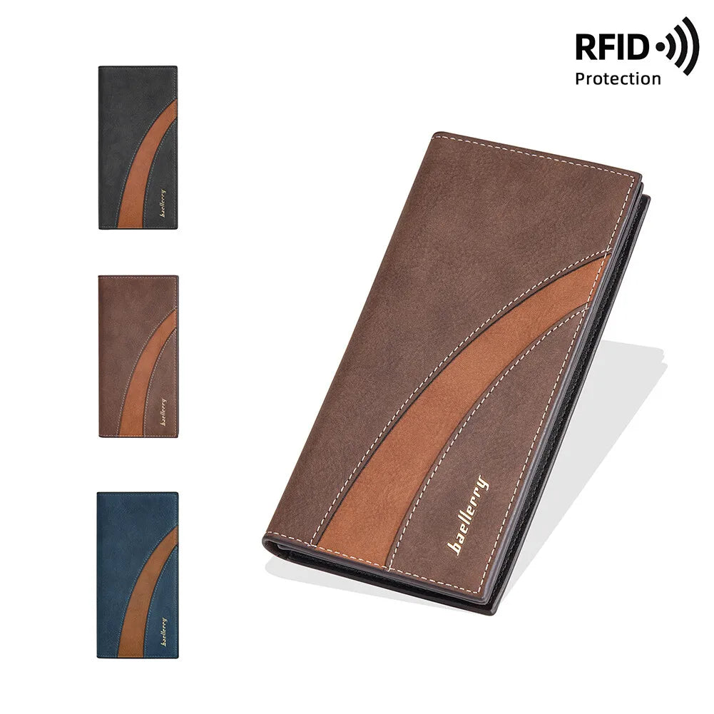 Fashion Long Purse Frosted Splicing Wallet PU Leather Business Men's Long Wallet Multifunction Large Cash Purse Bag Male